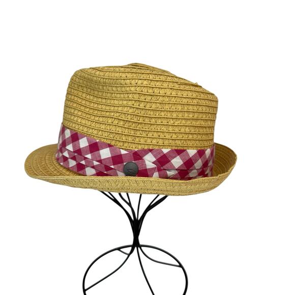 OAKLEY Women's Straw Fedora Pink Gingham Plaid Band Spring Summer Vacation - Picture 1 of 7